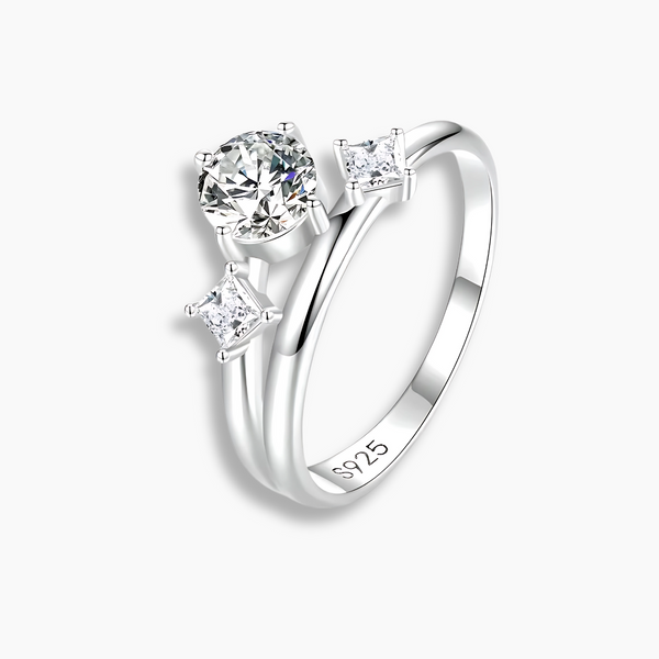 925 Sterling Silver Multi-Cut Cubic Zirconia Trio Design Triple Stone Engagement Ring White Gold Plated