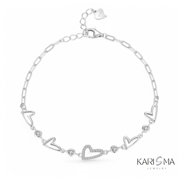 925 Sterling Silver Elegant Heart Cubic Zirconia Adjustable Bracelet