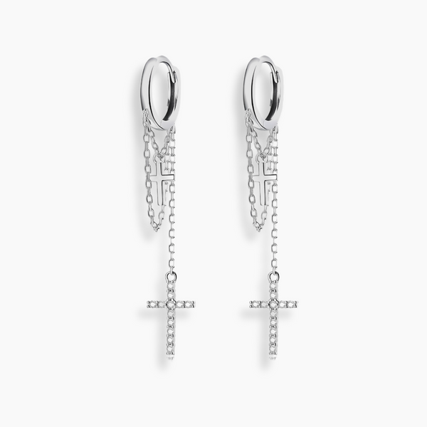 925 Sterling Silver Hoop Drop Earrings with Cross Charm and Dangle Chain Design