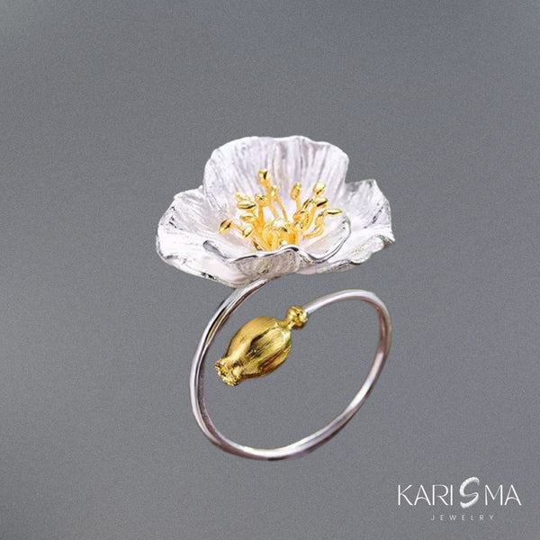 Adjustable Silver Flower Ring with Gold Poppy Detail