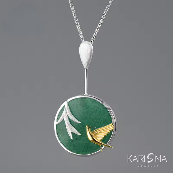 Elegant Bird & Bamboo Necklace with Green Base