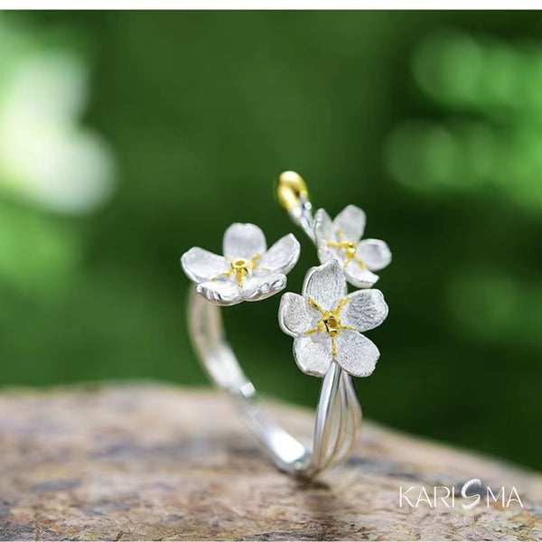 Adjustable Silver Ring with Cherry Blossom Design
