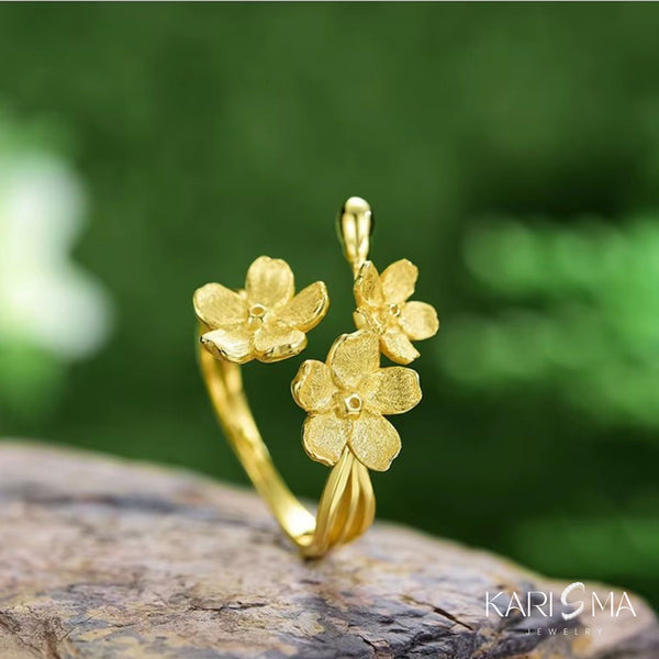 Adjustable Gold-plated Ring with Cherry Blossom Design