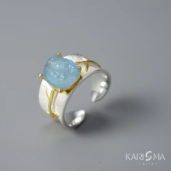 Wide Band Ring with Raw Aquamarine and Gold Accents