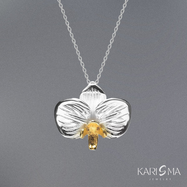 Elegant Silver Orchid Necklace with Gold Center Detail