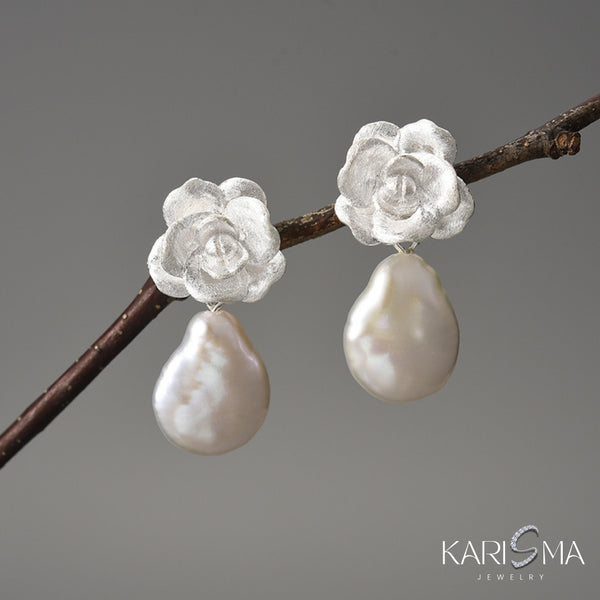 Baroque Pearl Camellia 925 Silver Earrings