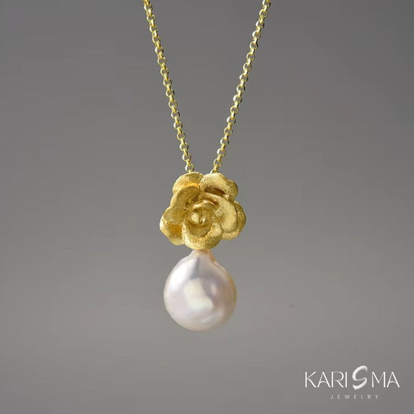 French Baroque Pearl Camellia Gold Flower Pendant Necklace