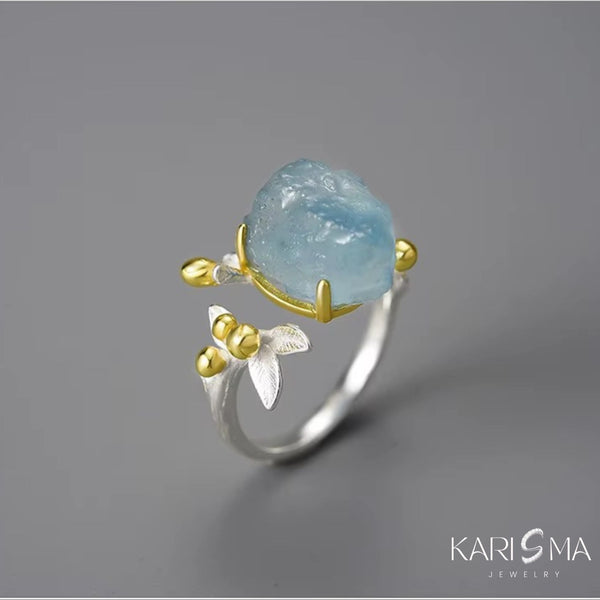 Raw Aquamarine Ring with Leaf Design in Sterling Silver