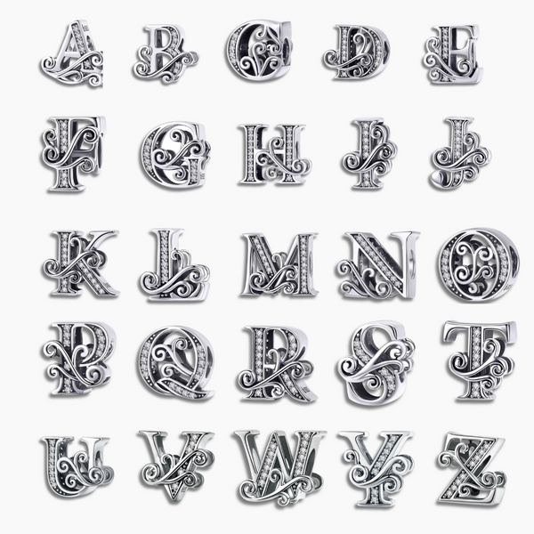 925 Sterling Silver Vintage Letter Initial Long Chain Platinum Plated A to Z Charm