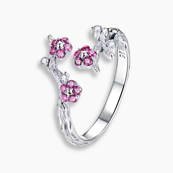 925 Sterling Silver Pink Blossom Floral Branch Ring