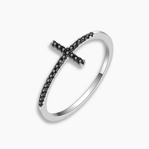 925 Sterling Silver "X" Ring with Black Cubic Zirconia Stones