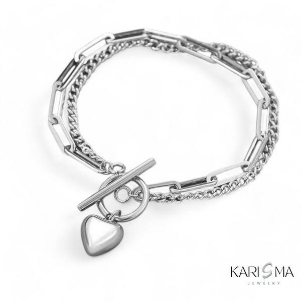 925 Sterling Silver Heart Charm Paperclip Chain Bracelet