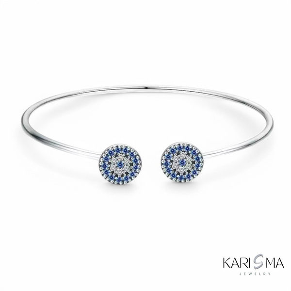 925 Sterling Silver Blue Zircon Lucky Eye Open Cuff Bangle Bracelet