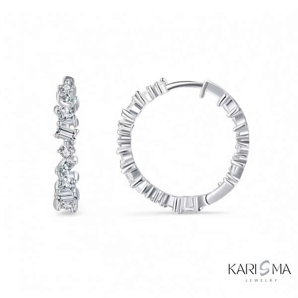 925 Sterling Silver Round and Baguette-Cut CZ Hoop Earrings