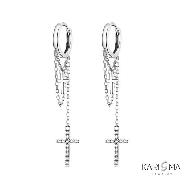 925 Sterling Silver Hoop Drop Earrings with Cross Charm