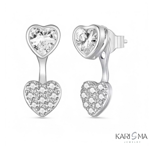 925 Sterling Silver Double Heart Earrings with Sparkling Zirconia