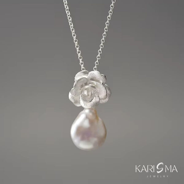 French Baroque Pearl Camellia Silver Flower Pendant Necklace