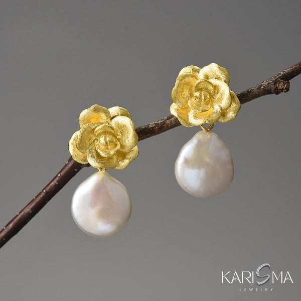 Baroque Pearl Camellia Plated Gold Earrings