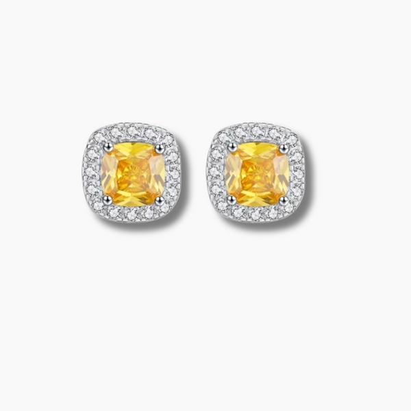 925 Sterling Silver Yellow Cushion-Cut Halo Stud Earrings – Vibrant CZ Design