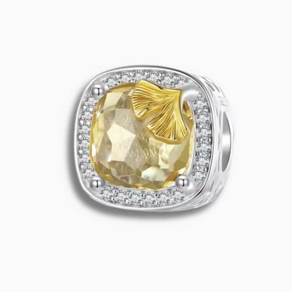 Cushion-Cut Citrine and 925 Sterling Silver Charm with Gold Leaf Accent