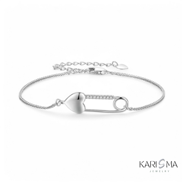 925 Sterling Silver Heart Safety Pin  Adjustable Bracelet with Zirconia