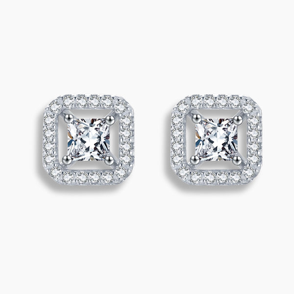 925 Sterling Silver Princess Square CZ  Halo Stud Earrings