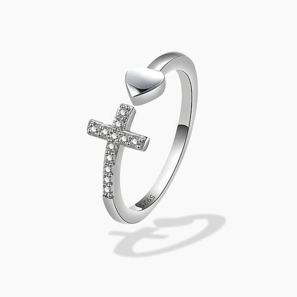 925 Sterling Silver Adjustable  Heart and Cross Open Ring