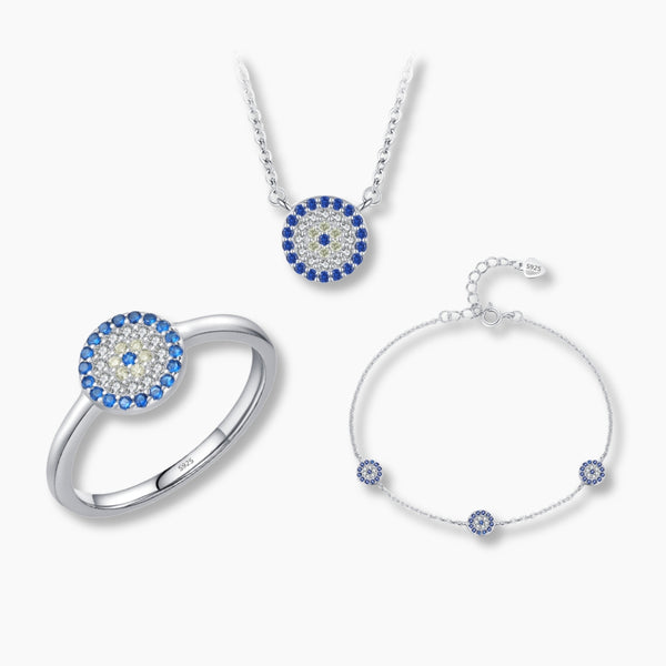 925 Sterling Silver Blue Eye Zirconia Necklace, Bracelet, and Ring Jewelry Set