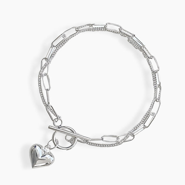 925 Sterling Silver Heart Charm Paperclip Chain Bracelet