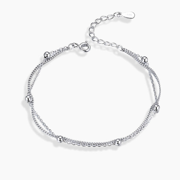 925 Sterling Silver Double Layer Beaded Chain Bracelet