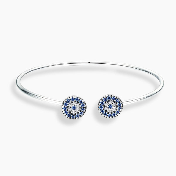 925 Sterling Silver Blue Zircon Lucky Eye Open Cuff Bangle Bracelet