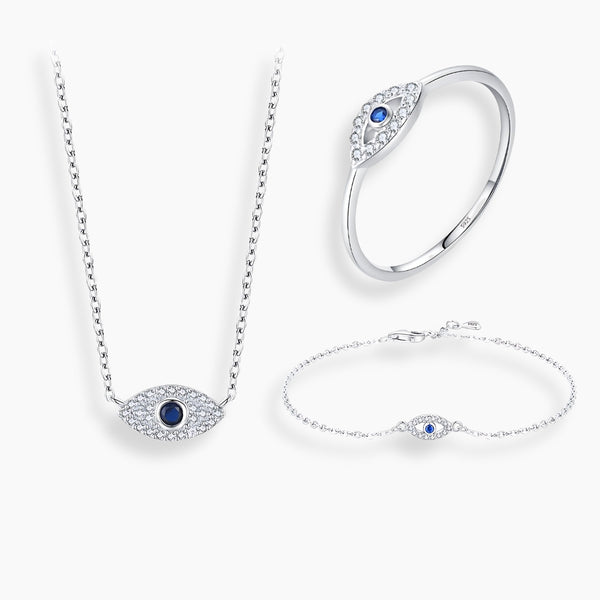 925 Sterling Silver 3 Piece Blue Cubic Zirconia Evil Eye Jewelry Set