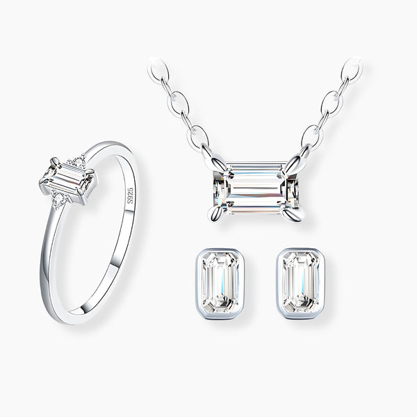 925 Sterling Silver Classic Charm Necklace, Earrings, and Ring Zirconia Jewelry Set