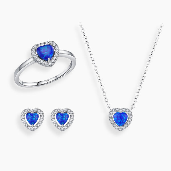 925 Sterling Silver Blue Opal Heart Jewelry Set