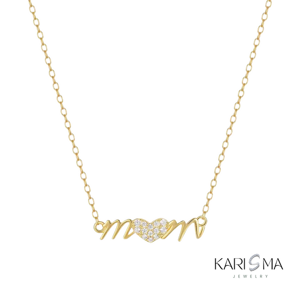 Gold Mom Necklace with Sparkling Heart Centerpiece