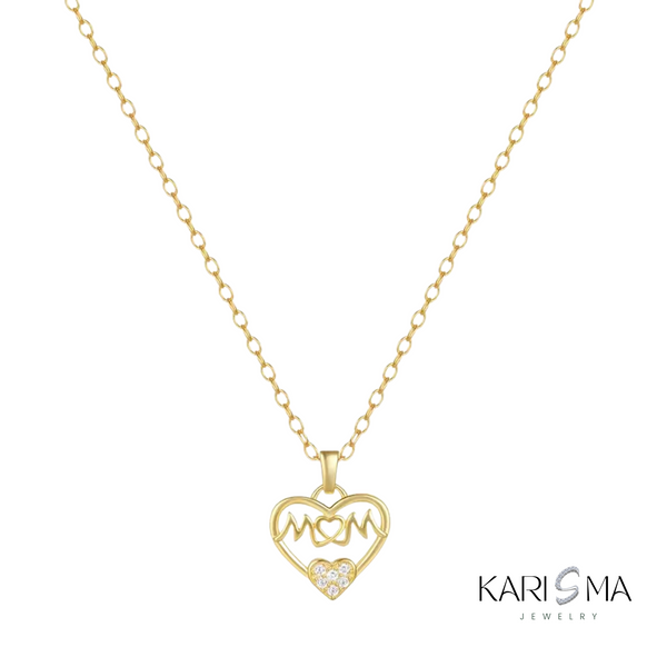 Gold Mom Heart Pendant with Zircon Accents