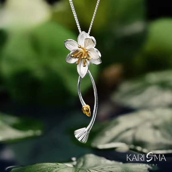 Handmade Lotus Flower Pendant Silver & Gold Necklace