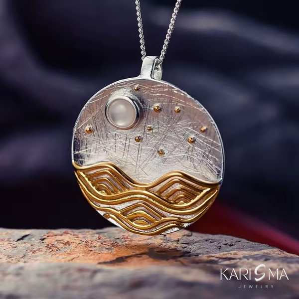 Artistic Moon & Waves Pendant in Silver and Gold