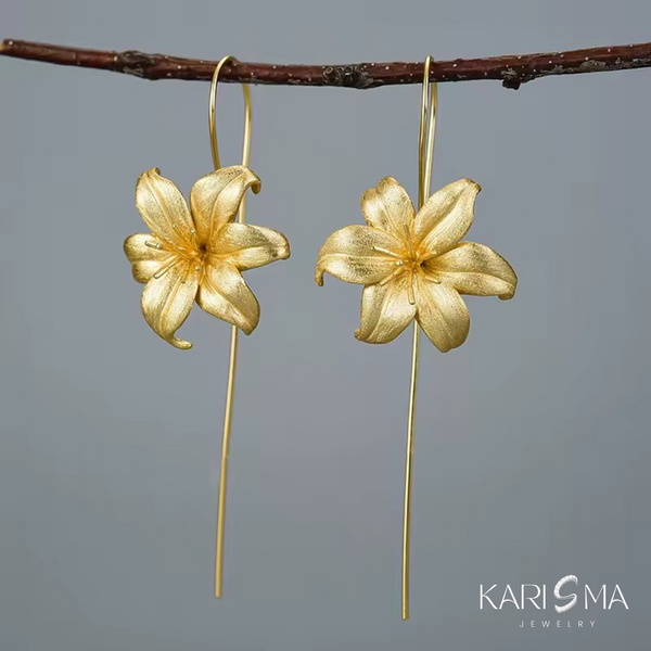 Elegant Gold Lily Flower Drop Earrings Handmade