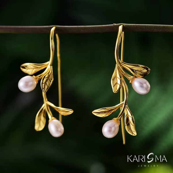 Gold Olive Branch Pearl Earrings – Nature Inspired