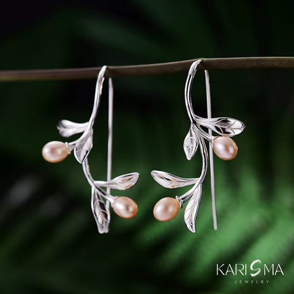 Silver Olive Branch Pearl Earrings – Nature Inspired