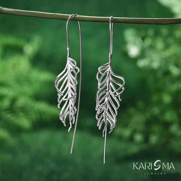 Sterling Silver Feather Leaf Drop Earrings
