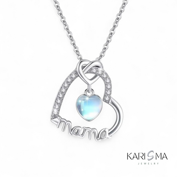 Mama Heart Pendant with Glowing Blue Gemstone