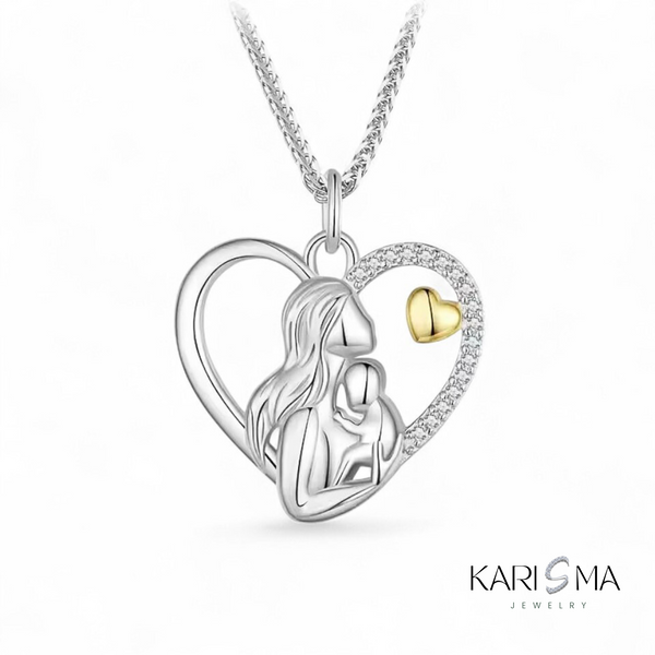 925 Silver Mother & Baby Necklace with Gold Heart